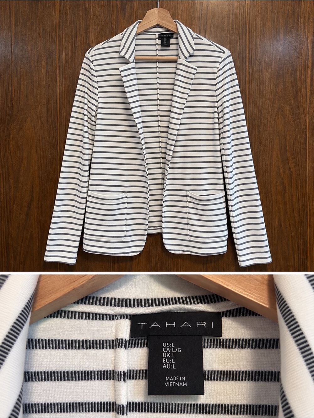 Tahari Cream and Black Striped Knit Blazer